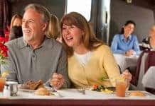 Couple dining aboard an Amtrak long-distance train.