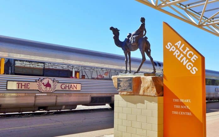 The Ghan at Alice Springs, Northern Territory, in the heart of the Australian Outback's Red Centre.