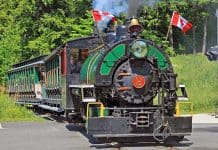 The Portage Flyer at Muskoka Heritage Place in Huntsville, Ontario is among the railways planning special Canada Day celebrations.
