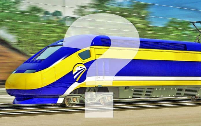 California bullet train rendering with question mark superimposed