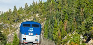 The Amtrak California Zephyr heads west through California's Yuba Gap.