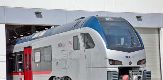 TEXRail train on public display at new Fort Worth maintenance facility.
