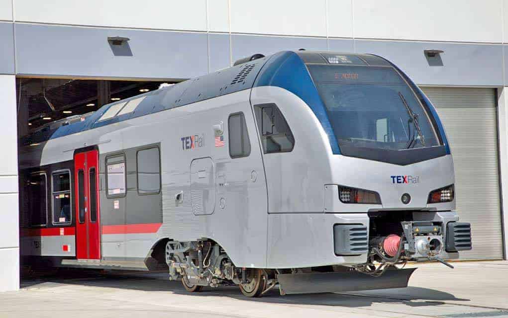 TEXRail train on public display at new Fort Worth maintenance facility.