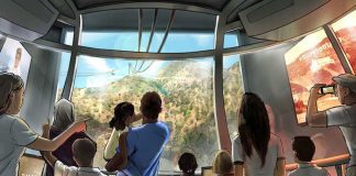Rendering depicts interior of aerial tram to Hollywood sign, proposed by Warner Brothers.