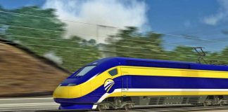 Rendering depicts bullet train traveling along California's future high-speed-rail corridor, south of San Francisco.