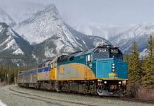 "The Canadian" trans-continental train, VIA Rail's flagship service, in Jasper, Alberta.