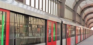 A new North-South M52 Metro train stopped at Amsterdam's Metrostation Noord.