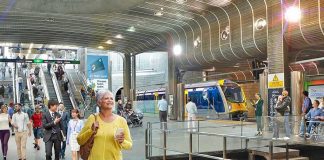 Rendering depicts expanded Britomart Trasport Station after completion of City Rail Link, Auckland, New Zealand.