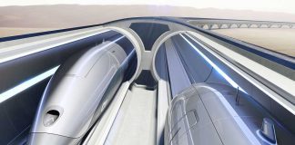 Rerndering depicts a front cutaway of a HyperloopTT system.