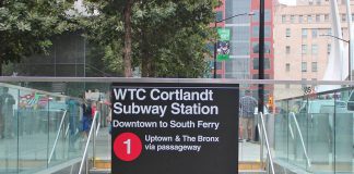 Street entrance to the new WTC-Cortlandt Subway Station in lower Manhattan.