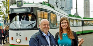 Owner Suzanne Knegt and her catering partner, Ad Janssen, welcome sightseers aboard the new RotterTram dining tram in Rotterdam, Netherlands.