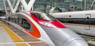 XRL (Express Rail Link) high-speed train prepares to depart Guangzhou South Station for West Kowloon Terminus in Kong Kong, China.
