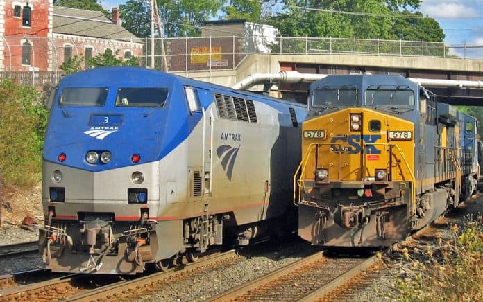 CSX train gaining on Amtrak's Lakeshore Limited, Palmer, Massachusetts.