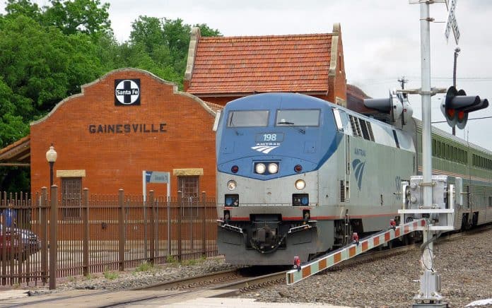 Southbound Heartland Flyer making a stop at Amtrak Gainesville Station in Texas.