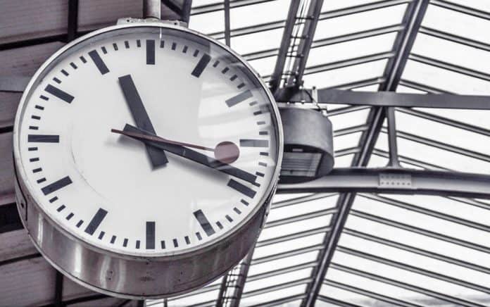 One of Switzerland's famous railway station clocks marks 11:19.