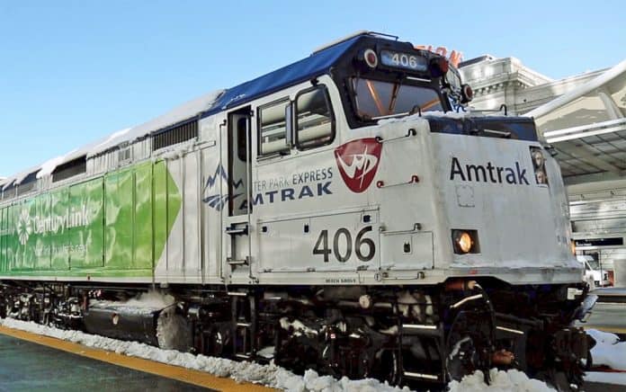 Amtrak Winter Park Express stands at Denver Union Station platform.