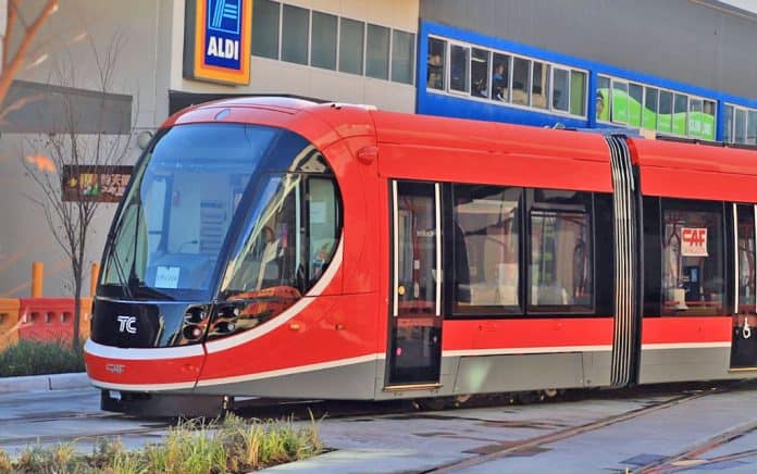A new Canberra Metro light rail vehicle (LRV) is tested prior to its Easter weekend launch.