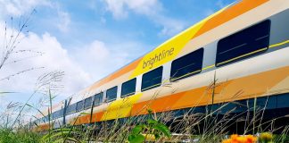 A Virgin Trains USA Brightline train on track between Miami and West Palm Beach, Florida.