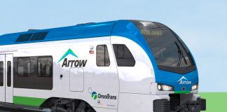 Construction has begun on the 9 mi (14.5 km) OmniTrans Arrow commuter line linking San Bernardino and Redlands, California.