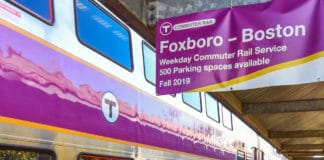 MBTA Commuter Rail train at Foxboro Station