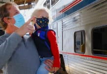 Father and son in Amtrak station